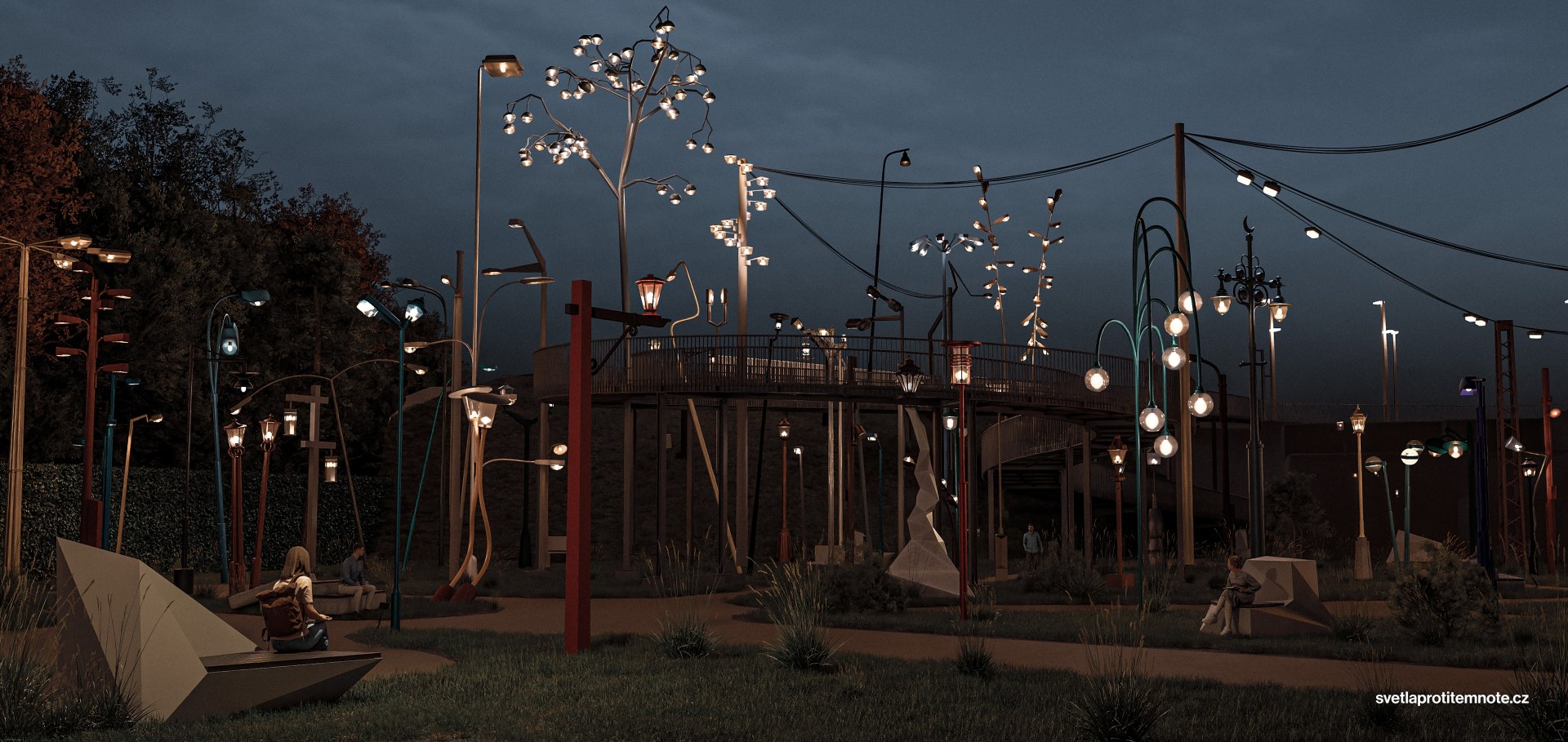 Světla proti temnotě — detail zahrady lamp